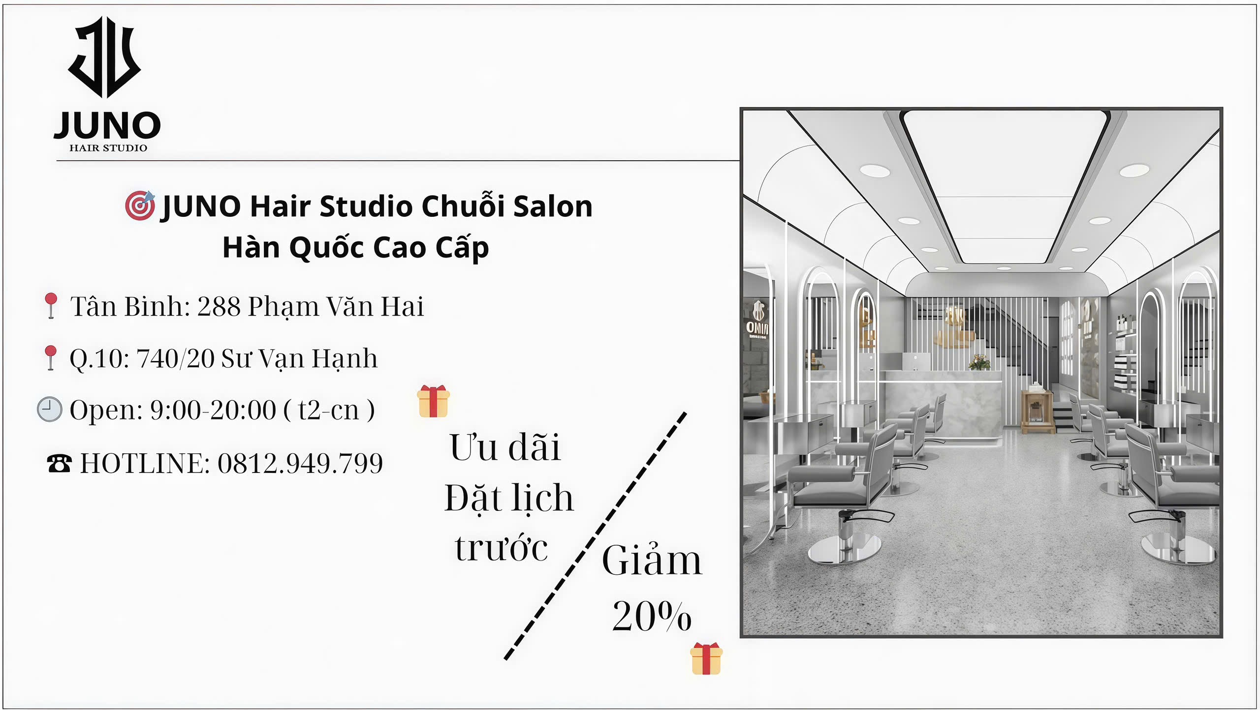 Phong cách thương hiệu Juno Tóc: Layer nữ Hàn Quốc, uốn sóng lơi, màu nhuộm trendy
 Không gian: Tông trắng – pastel, nhẹ nhàng, sang trọng
 Trải nghiệm: Ghế massage, trà Hàn, tư vấn cá nhân hoá
 Truyền thông: Video ngắn tinh tế, hình ảnh tone nhẹ nhàng, caption truyền cảm hứng